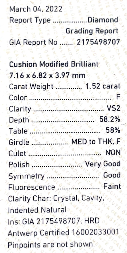ダイヤモンド鑑定書画像 天然ダイヤモンドルース 1.52ct 無色F クッション 詳細