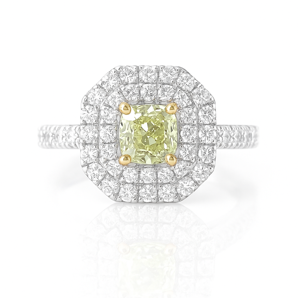 PT900 グリーンダイヤモンドリング 0.771ct Fancy Light Green Yellow ラディアント