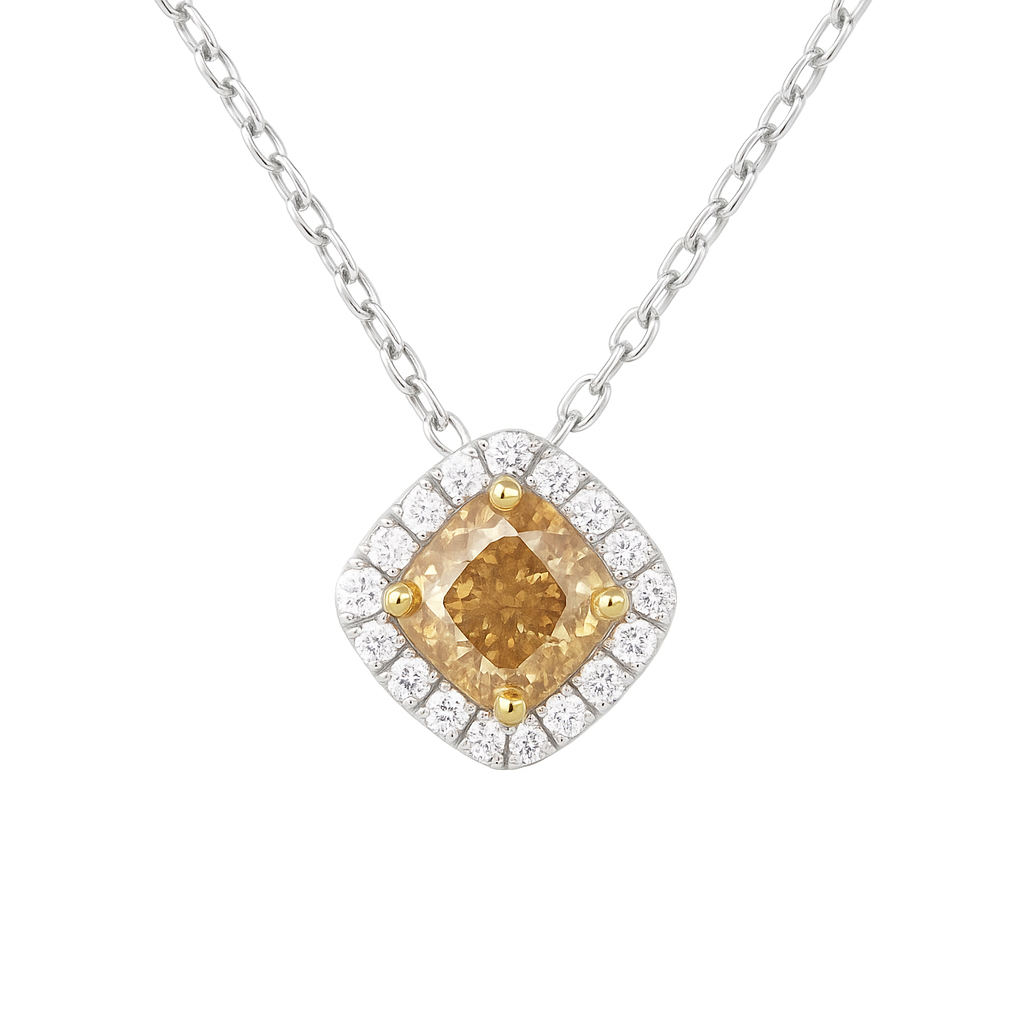 PT850/900 イエローダイヤモンド ペンダントネックレス 0.899ct Fancy Orangy Yellow SI2 クッション