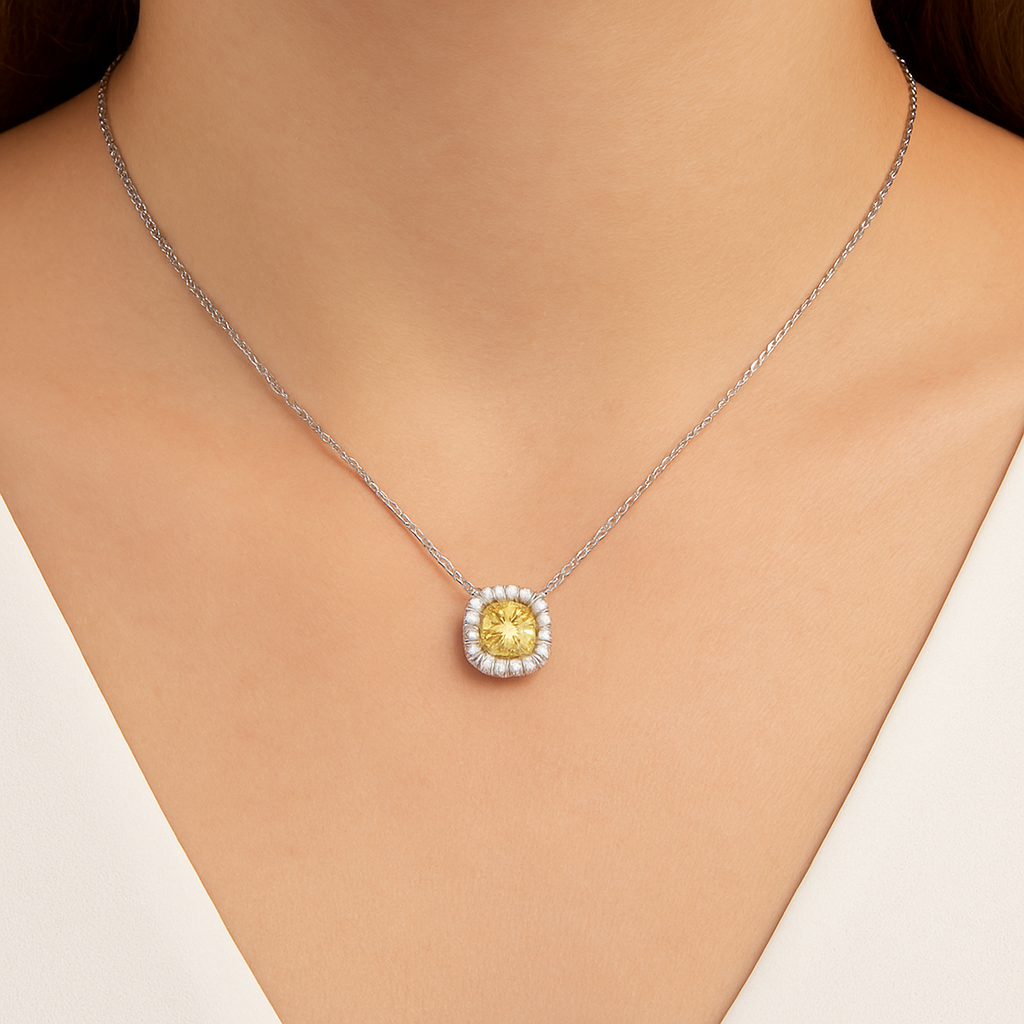 PT850/900 イエローダイヤモンド ペンダントネックレス 0.411ct Fancy Light Yellow SI2 クッション