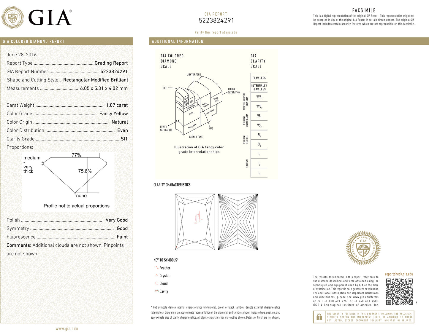 カラーダイヤモンドルース鑑定書画像 プリンセス イエロー SI1 1.07ct 詳細