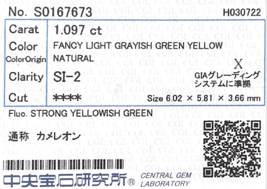 カラーダイヤモンドルース鑑定書画像 ラディアント グリーン SI2 1.097ct 詳細