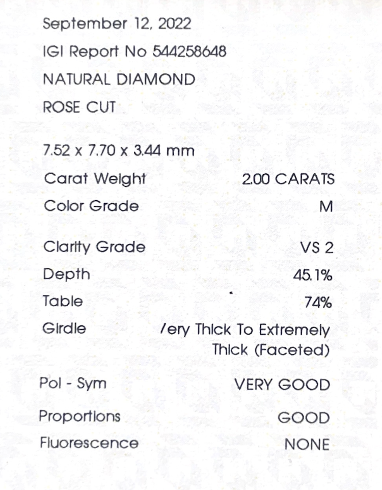 ダイヤモンドルース鑑定書画像 ローズ フェイントイエロー VS2 2ct 詳細