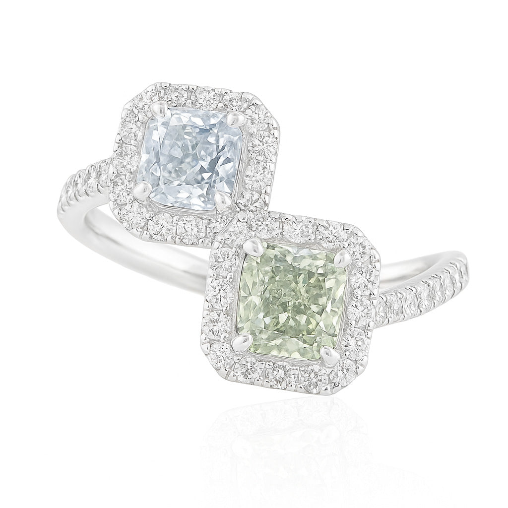 PT900 ライトグリーン・ブルーダイヤモンド リング 1.34ct Light Yellowish Green, Light Blue SI2, VS-1 クッション