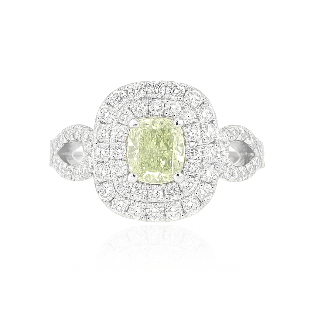 PT900 グリーンダイヤモンド リング 1.29ct Fancy Light Greenish Yellow SI2 クッション