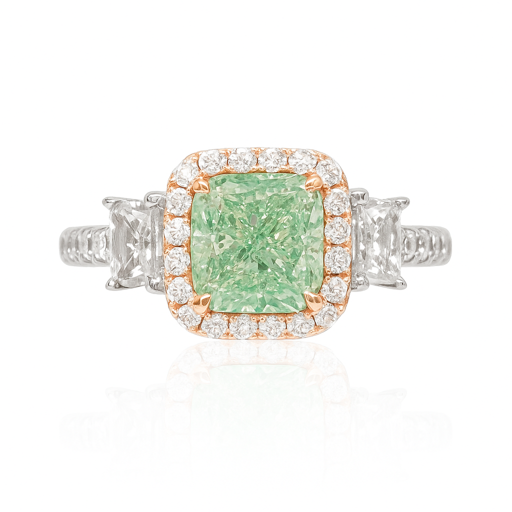 AU750 グリーンダイヤモンド リング 1.53ct Fancy Light Yellowish Green VVS2 クッション
