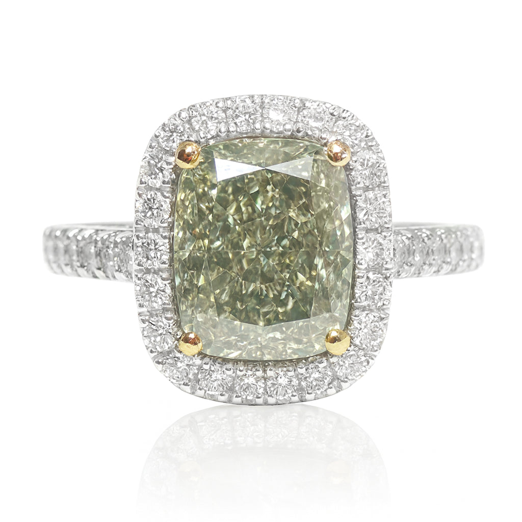 PT900 グリーン ダイヤモンドリング 2.373ct Light Greenish Yellow SI2 クッション