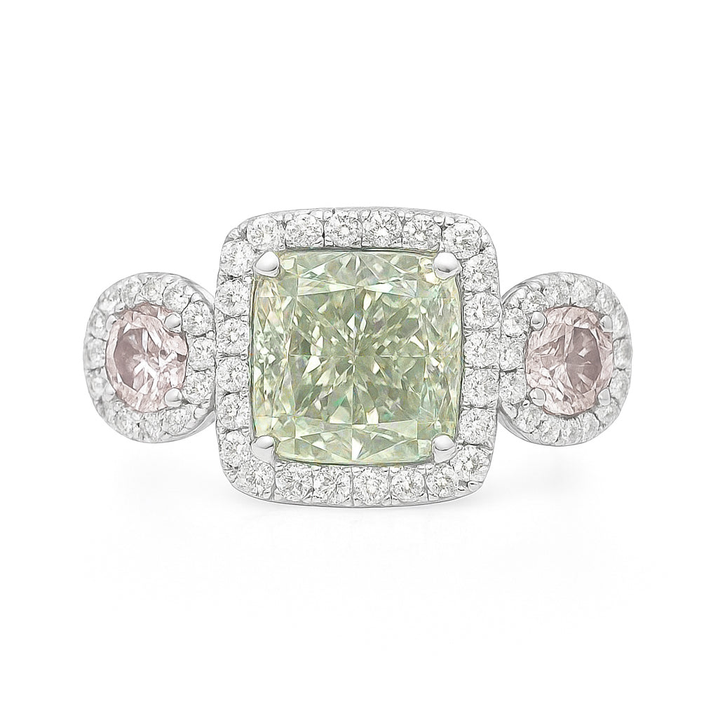 PT900 グリーンダイヤモンド リング 3.237ct Fancy Yellowish Green SI1 クッション