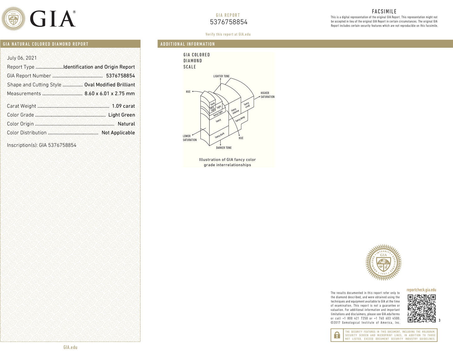 グリーンダイヤモンドリング鑑定書画像 オーバル 1.59ct 詳細