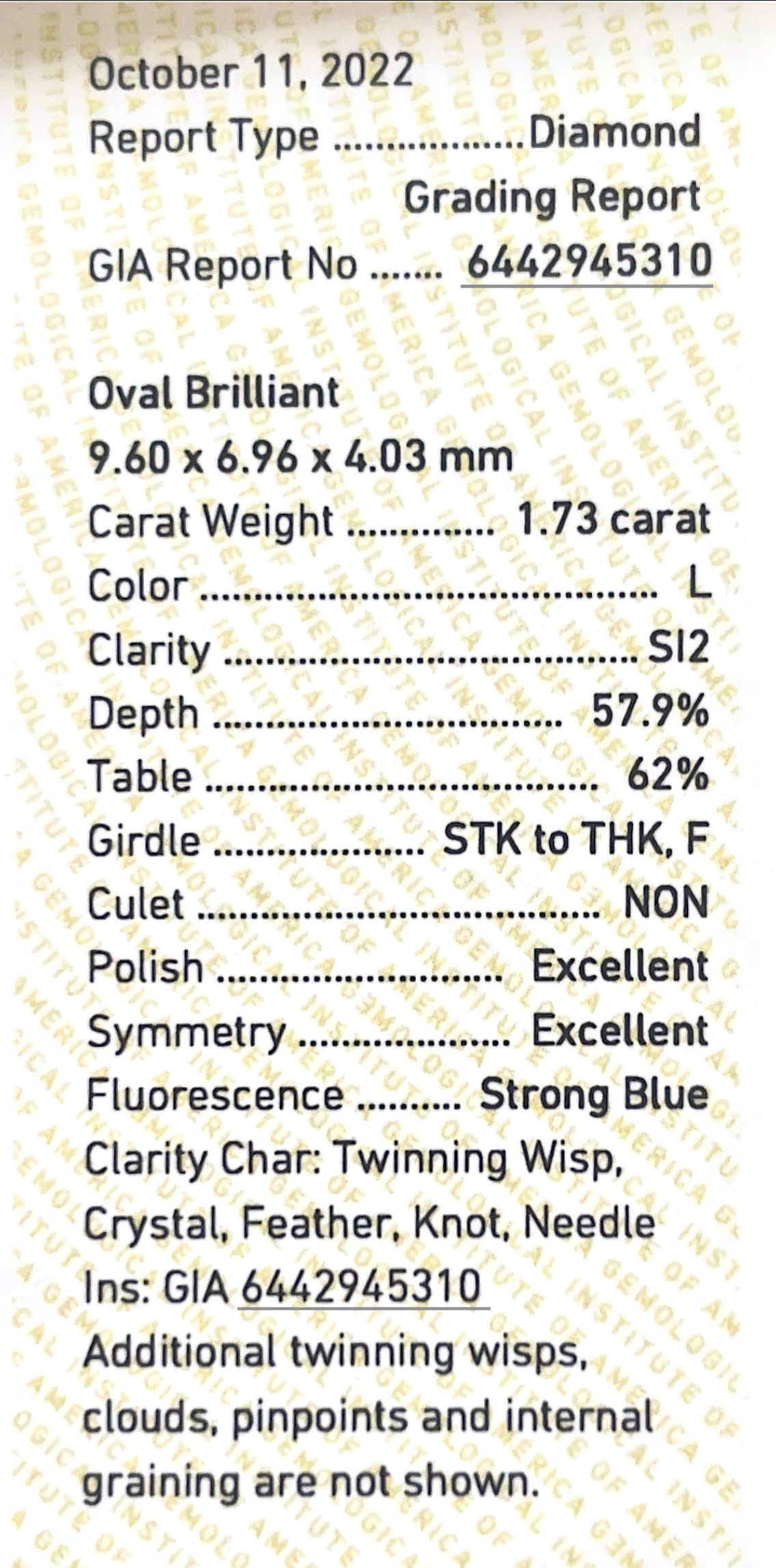 ダイヤモンド鑑定書画像 天然ダイヤモンドルース 1.73ct 無色L オーバル 詳細