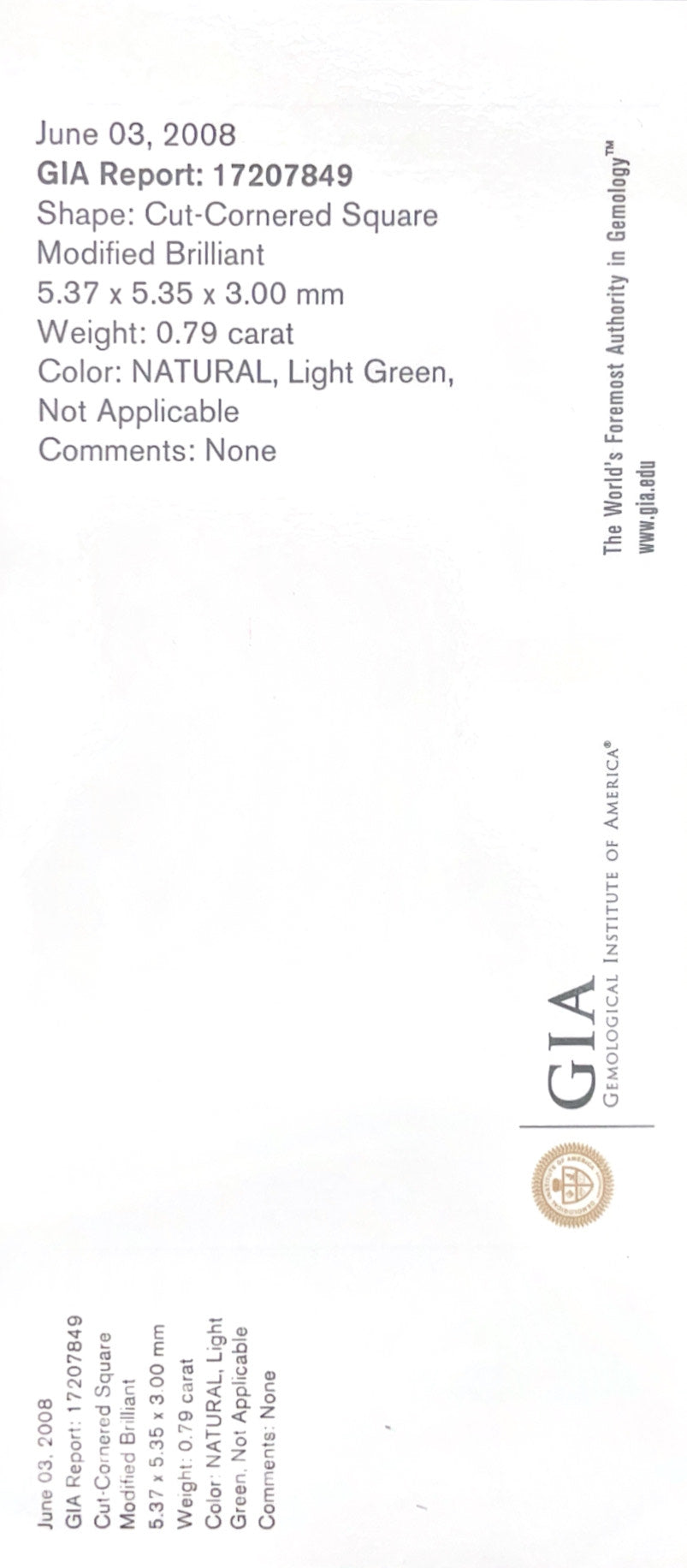 PT900 グリーンダイヤモンドリング 1.09ct SI1 Light Green ラディアント GIA 鑑定書 詳細画像