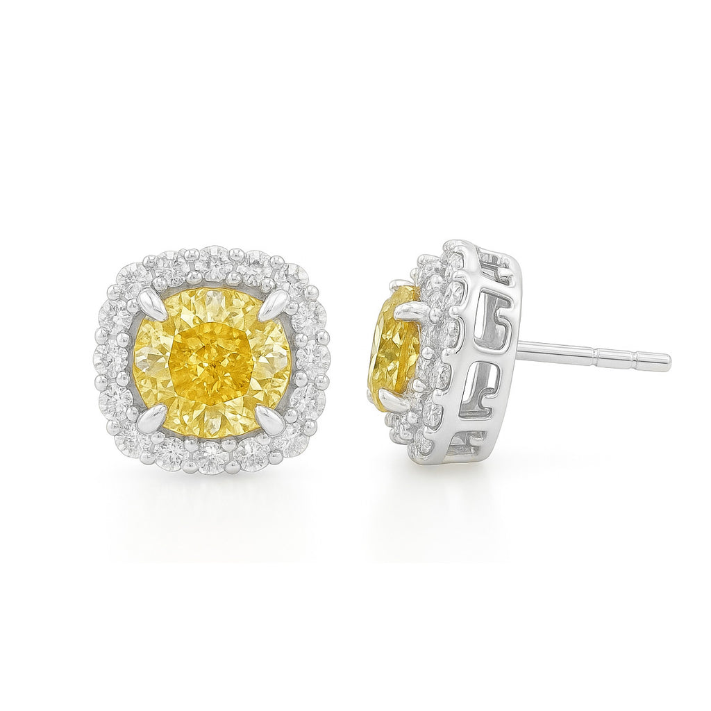 18K イエローダイヤモンドイヤリング 0.733ct Fancy Vivid Yellow SI2 クッション
