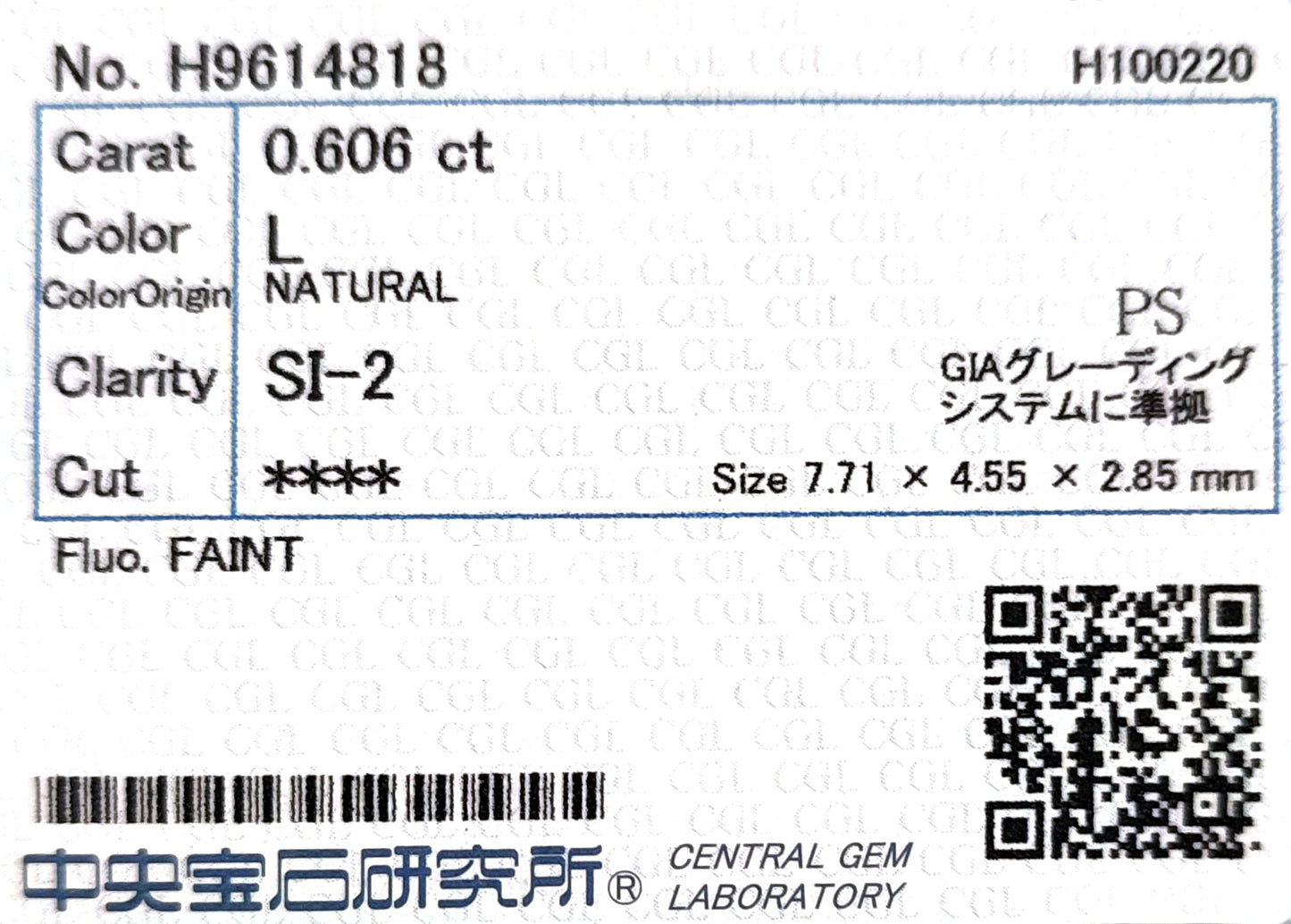 天然ダイヤモンドリング CGL 鑑定書画像 1.036ct Faint Yellow SI2 Pear 詳細