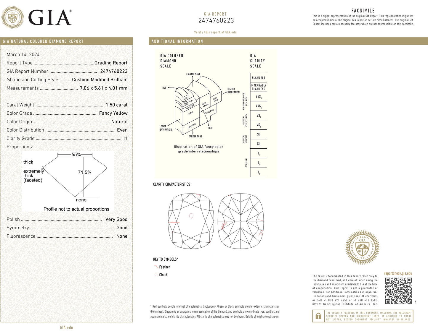 天然ダイヤモンドリング GIA鑑定書画像 ファンシーイエロー 無色 I1 2.28ct 詳細