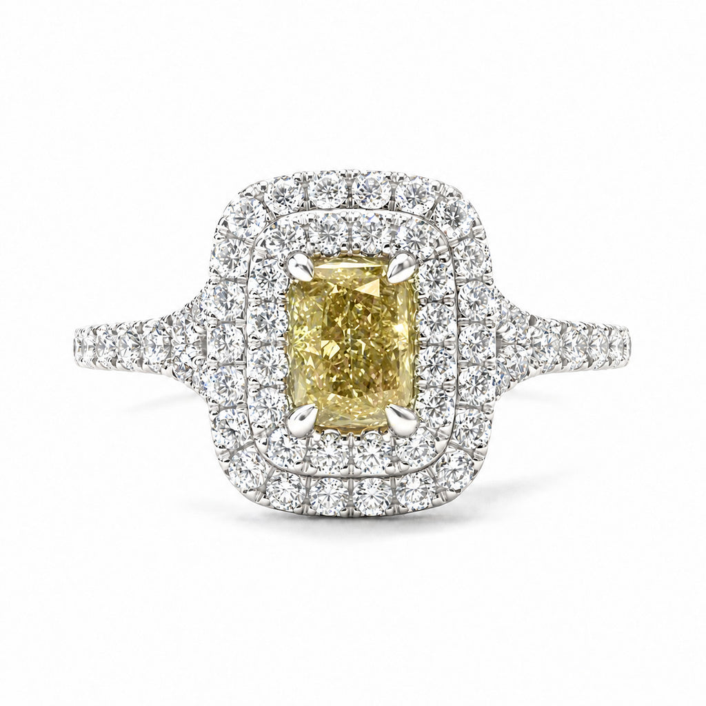 18KWG Fancy Deep Greenish Yellow Natural Diamond Ring 1.027ct Radiant Cut