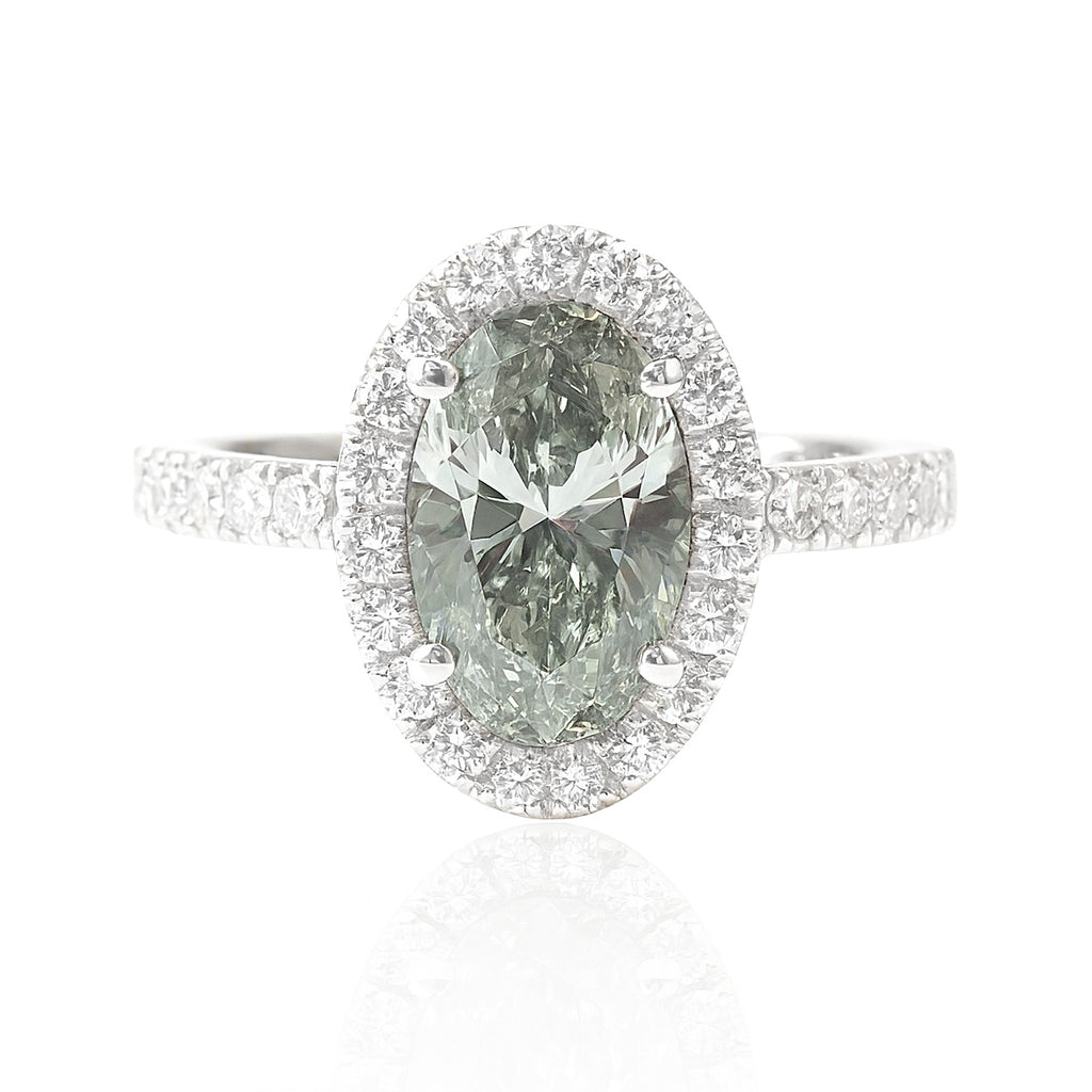 PT900 グリーンダイヤモンドリング 2.458ct Light Grayish Yellow Green SI1 オーバル