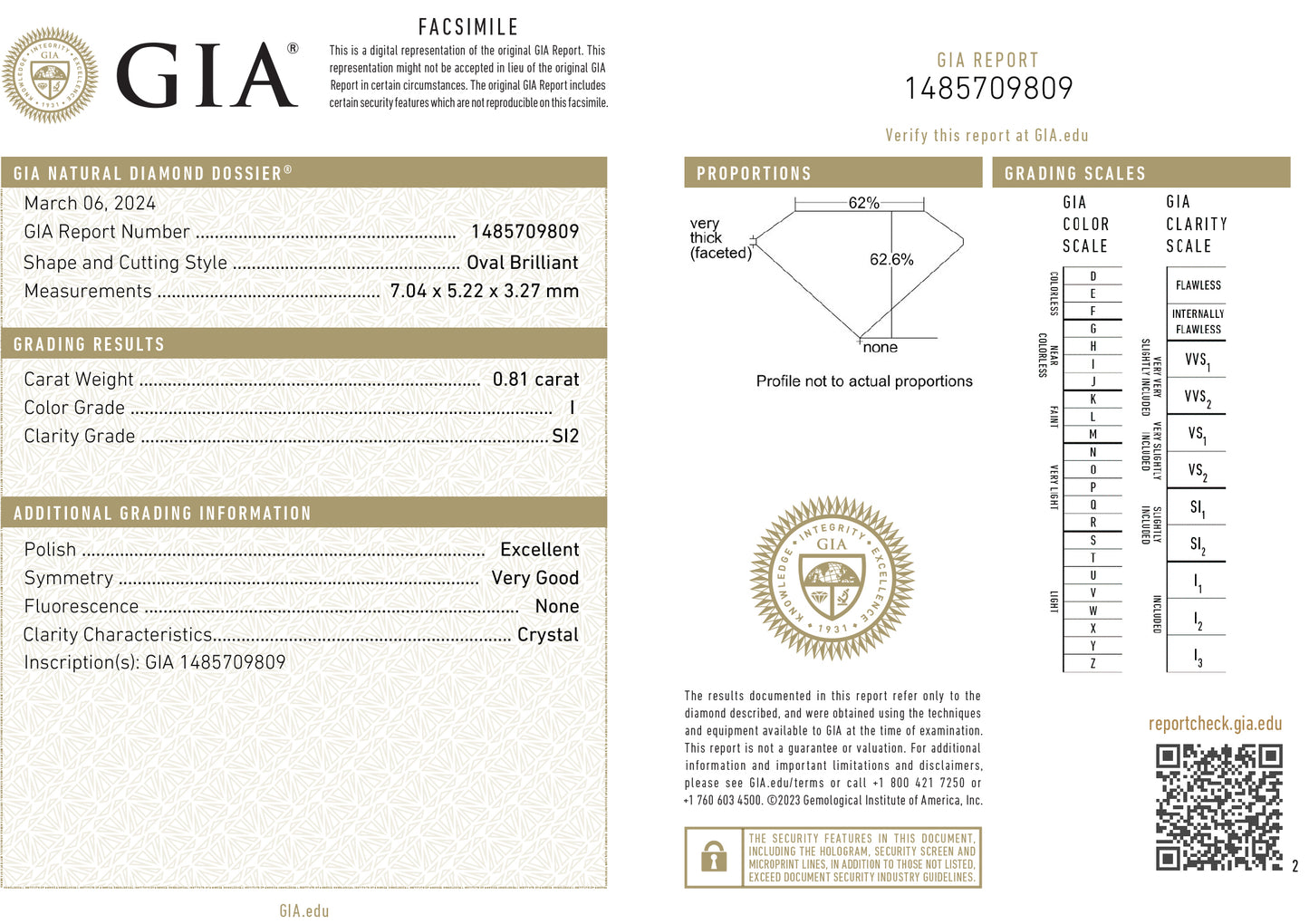天然ダイヤモンドリング GIA 鑑定書画像 ほぼ無色 1.25ct SI1 オーバル 詳細