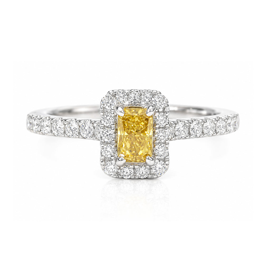 18KWG Fancy Vivid Orange-Yellow Natural Diamond Ring 0.611ct Radiant Cut