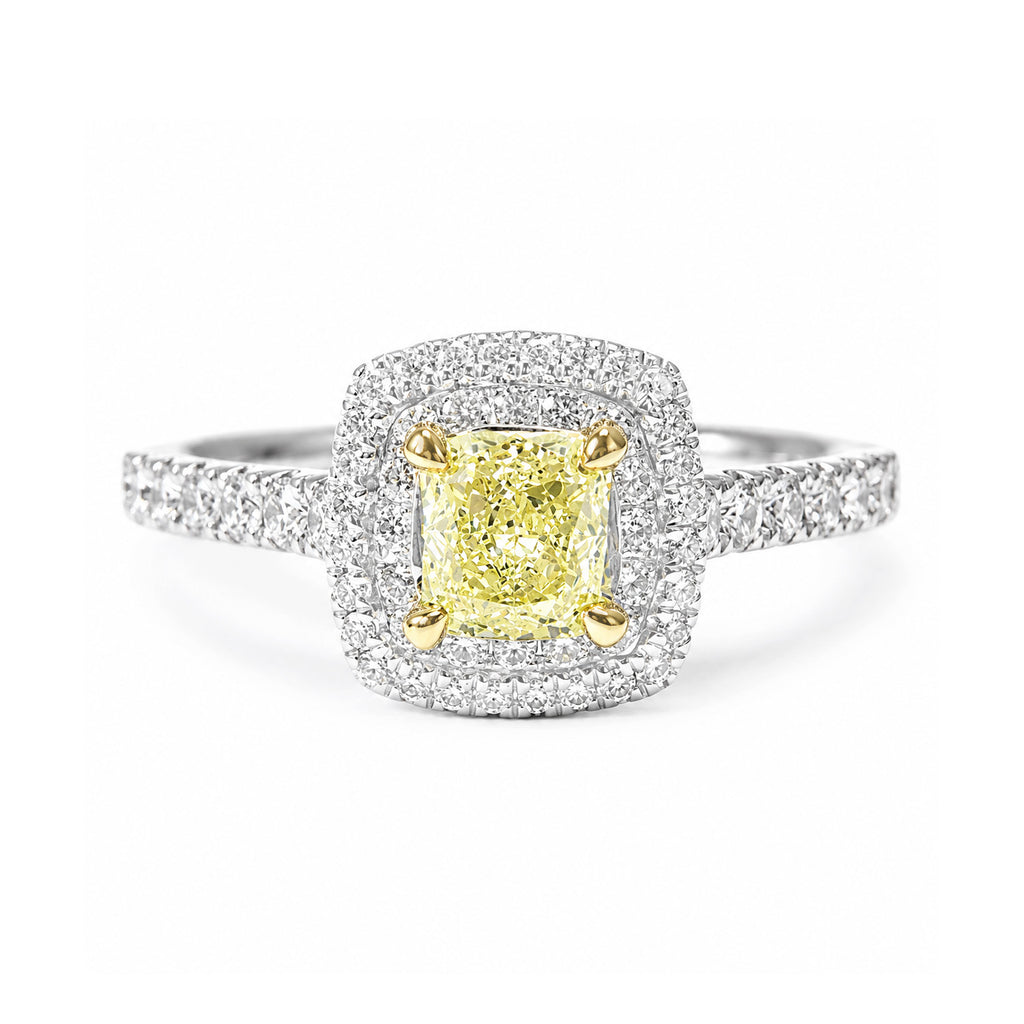 18K イエロー 天然ダイヤモンドリング 0.89ct Fancy Intense Yellow クッションカット