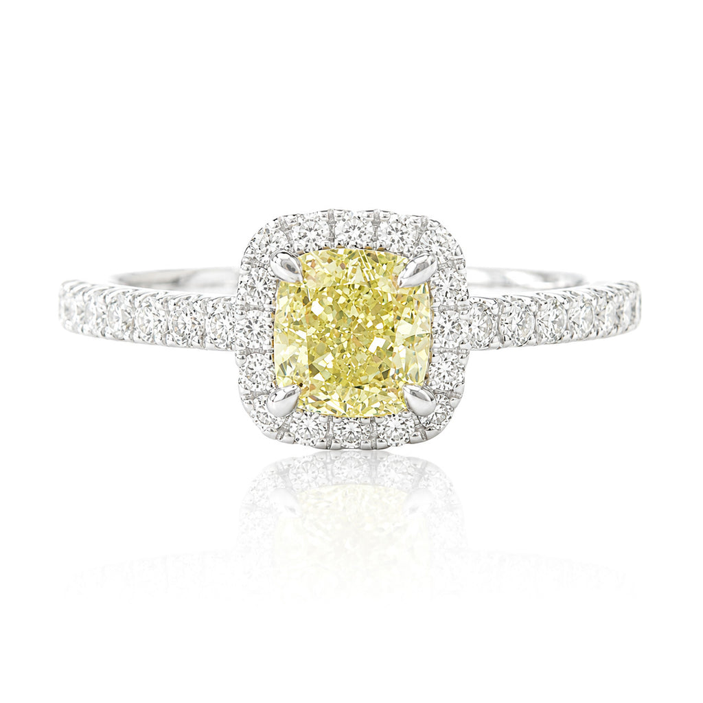 18KWG Fancy Intense Yellow Natural Diamond Ring 1.017ct Cushion Cut
