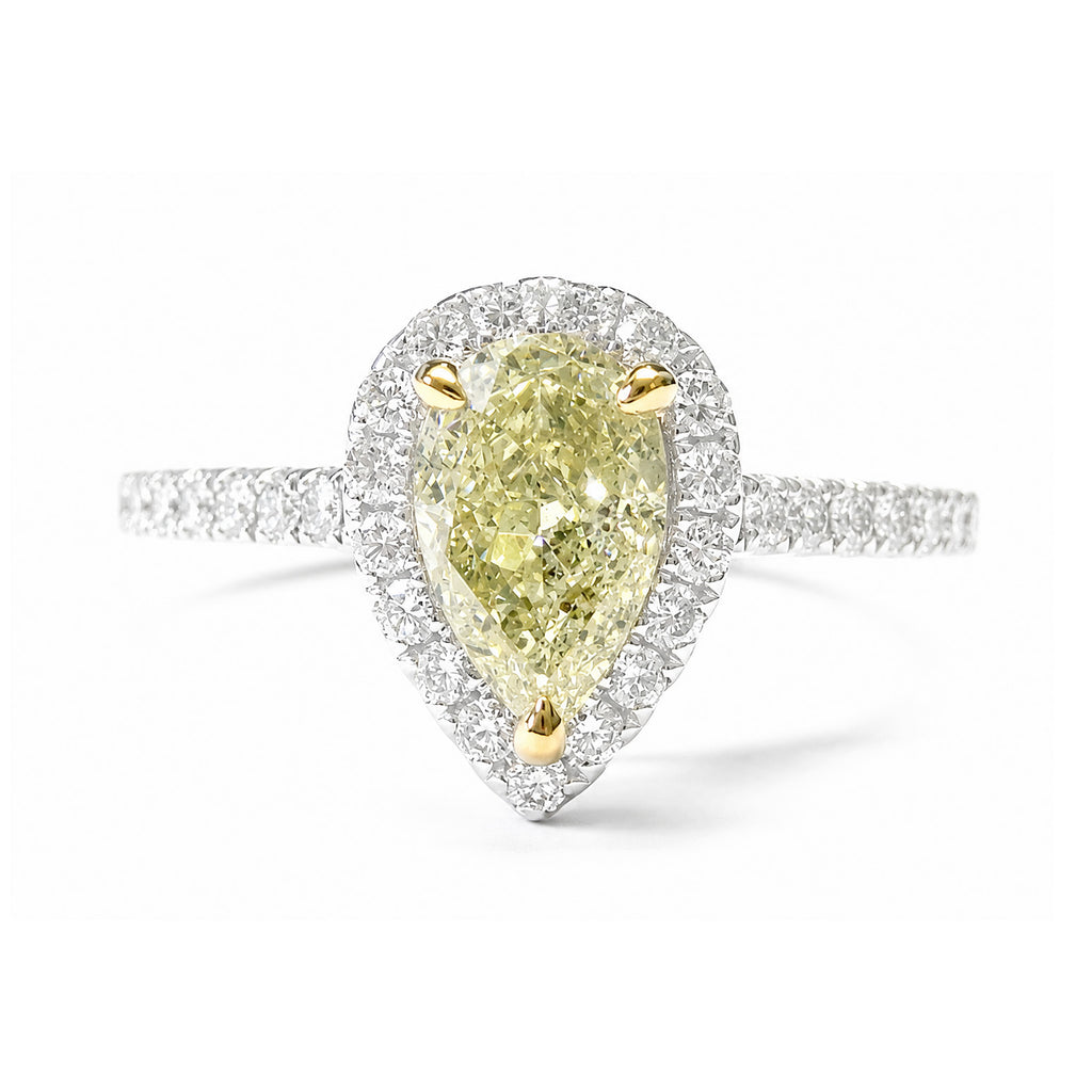 18KWG ファンシーライト イエロー 天然ダイヤモンドリング 1.334ct ペアカット