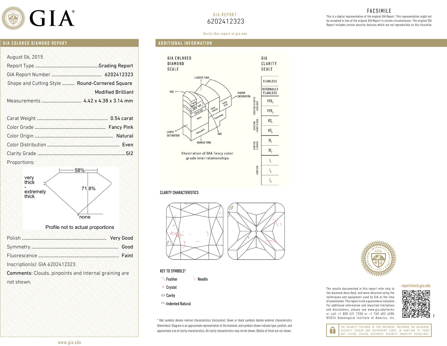 ピンクダイヤモンドリング鑑定書画像 クッション 0.811ct SI2 詳細