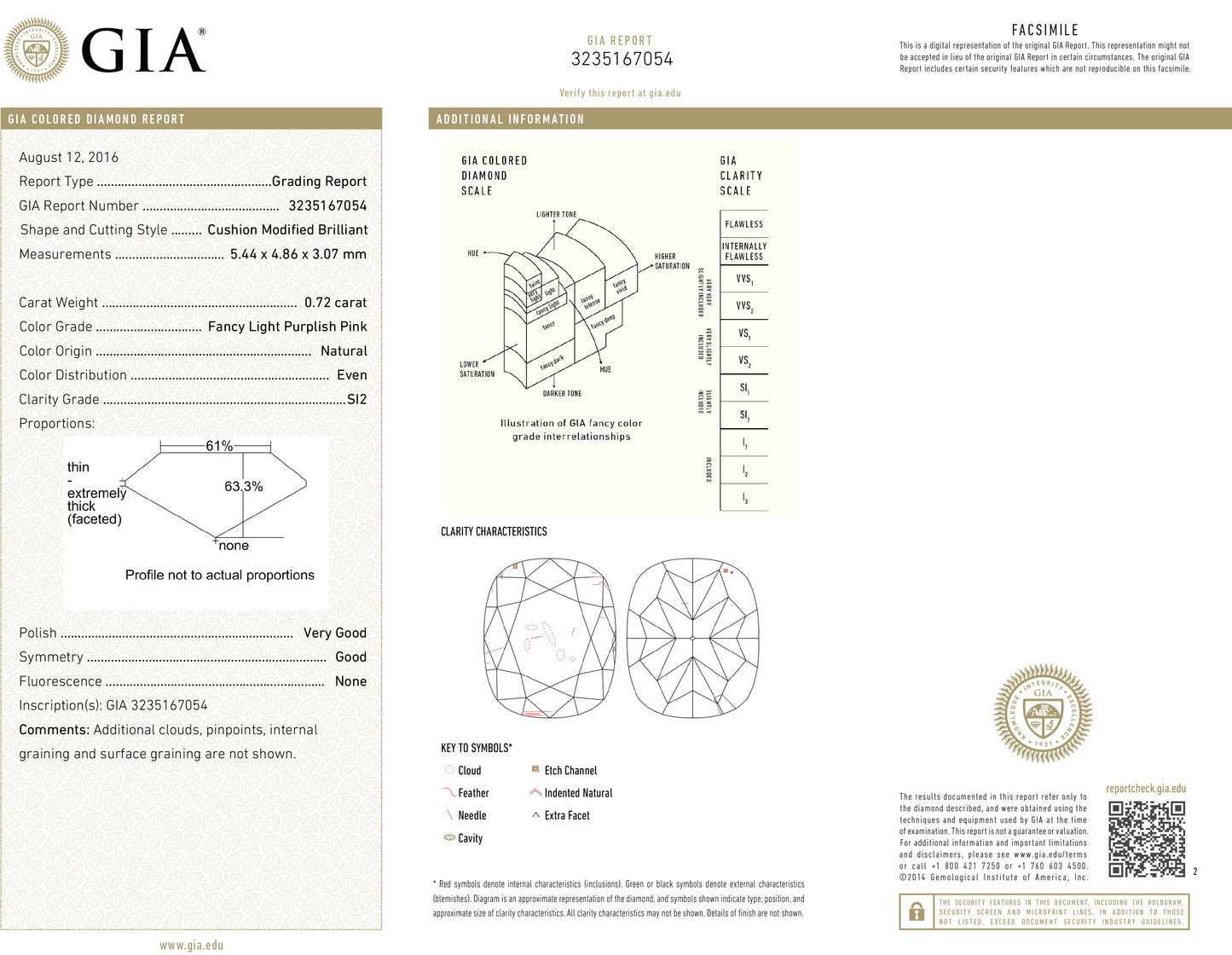 ピンクダイヤモンドリング鑑定書画像 クッション 0.97ct SI2 詳細