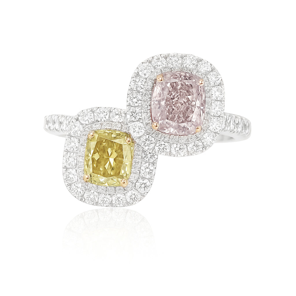 PT900 ピンクイエローダイヤモンドリング クッション 2色 2.614ct VS2, I1 クッション