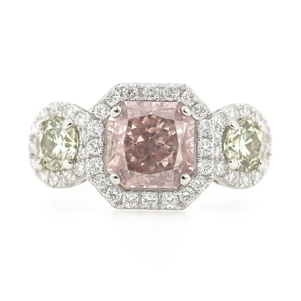 PT900 ピンクダイヤモンドリング 1.878ct Fancy Light Brownish Pink I1 ラディアント