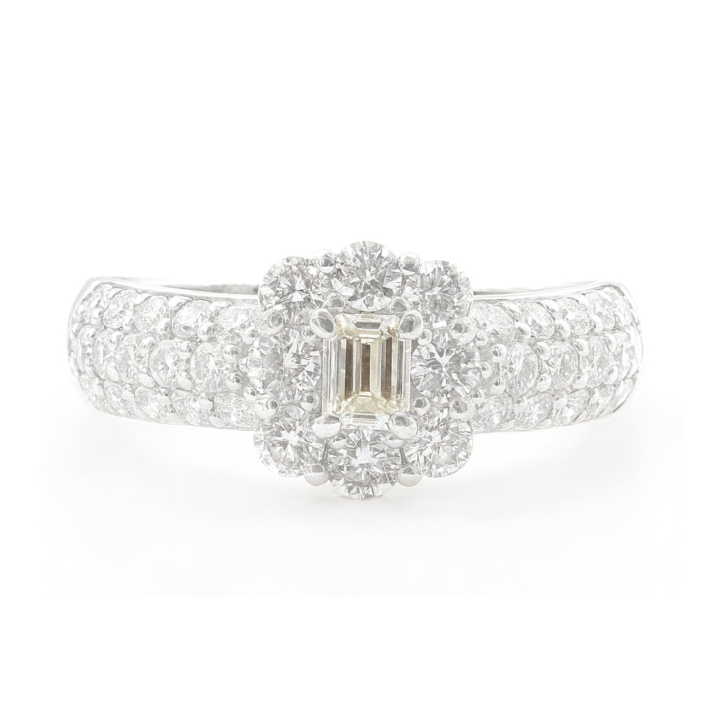 PT900 花柄 イエローダイヤモンドリング 1ct エメラルドカット