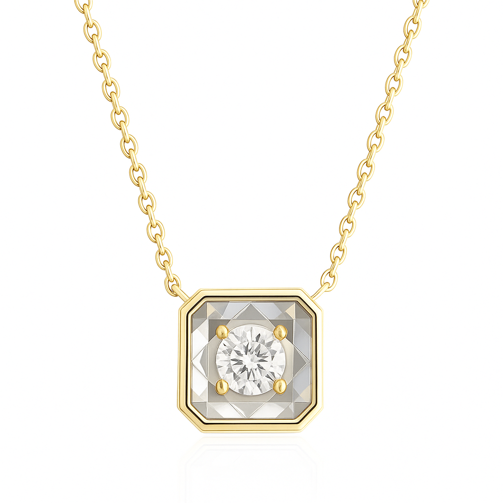 Square Frame Round Diamond Pendant Necklace K14 Gold - 0.394ct