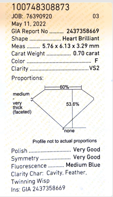 ダイヤモンド鑑定書画像 天然ダイヤモンドルース 0.7ct 無色F ハート 詳細