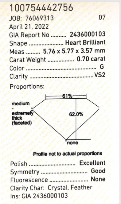 ダイアモンド鑑定書画像 ダイヤモンドルース 0.7ct 無色G ハート 詳細