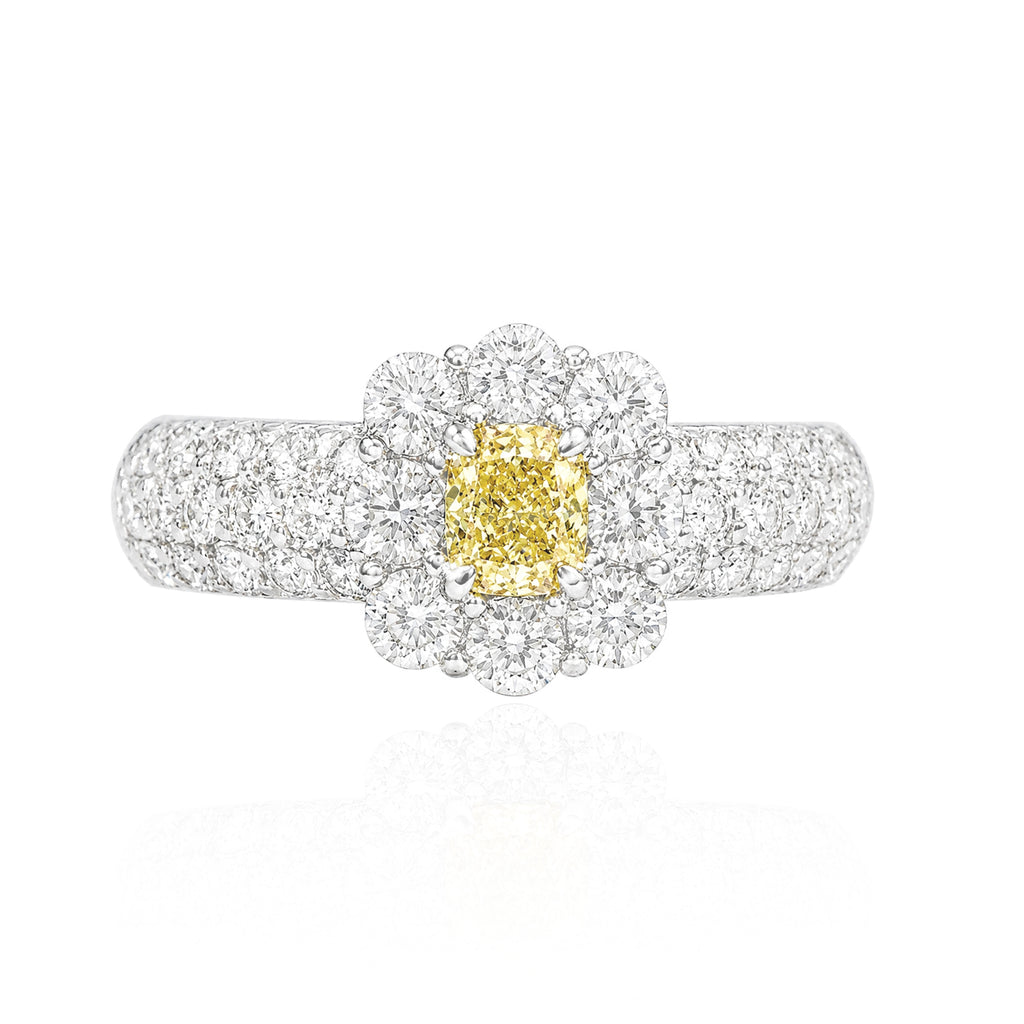 PT900 Floral Design Yellow Diamond Ring 1ct Emerald cut