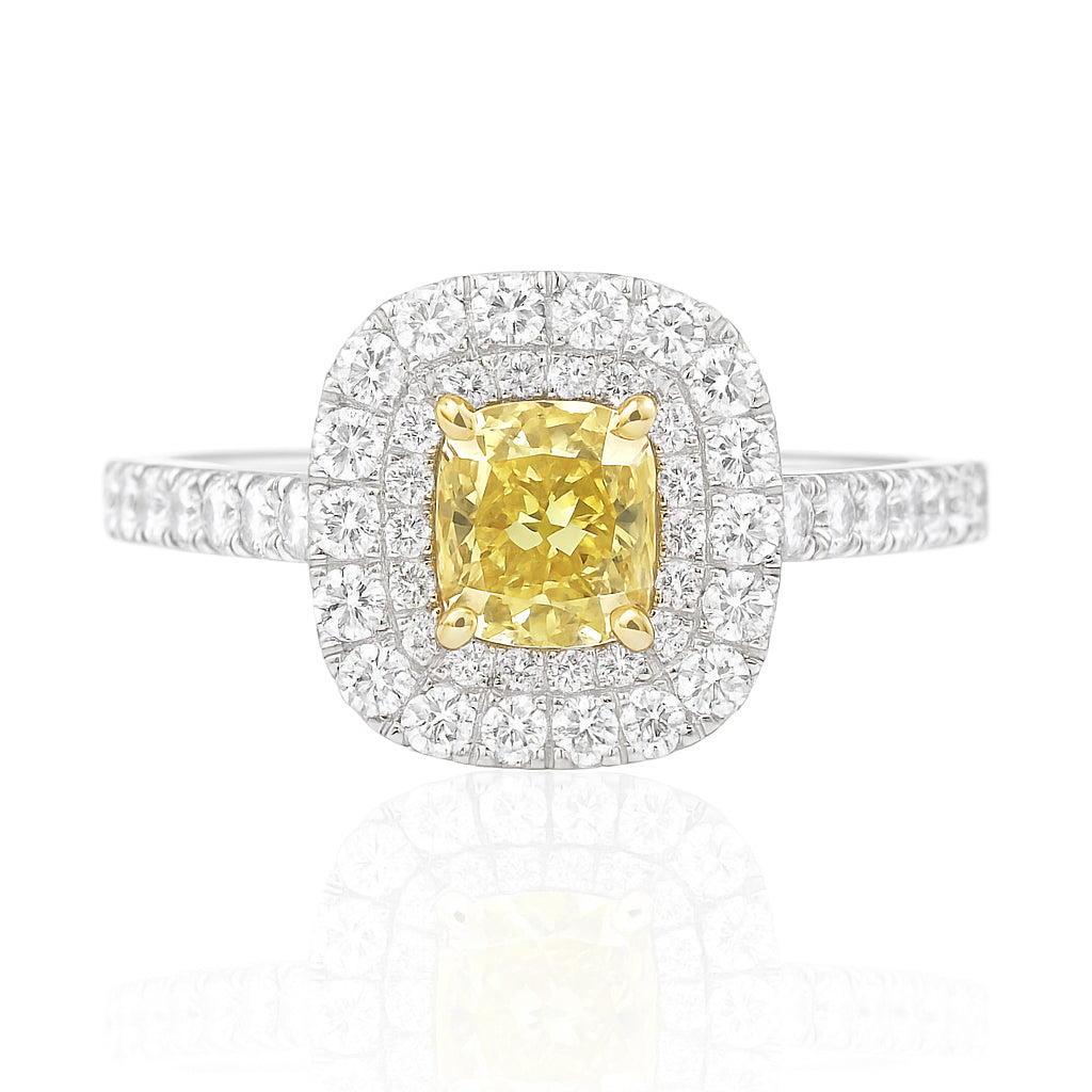 PT900 イエローダイヤモンドリング 0.898ct VS1 Fancy Yellow クッション 画像
