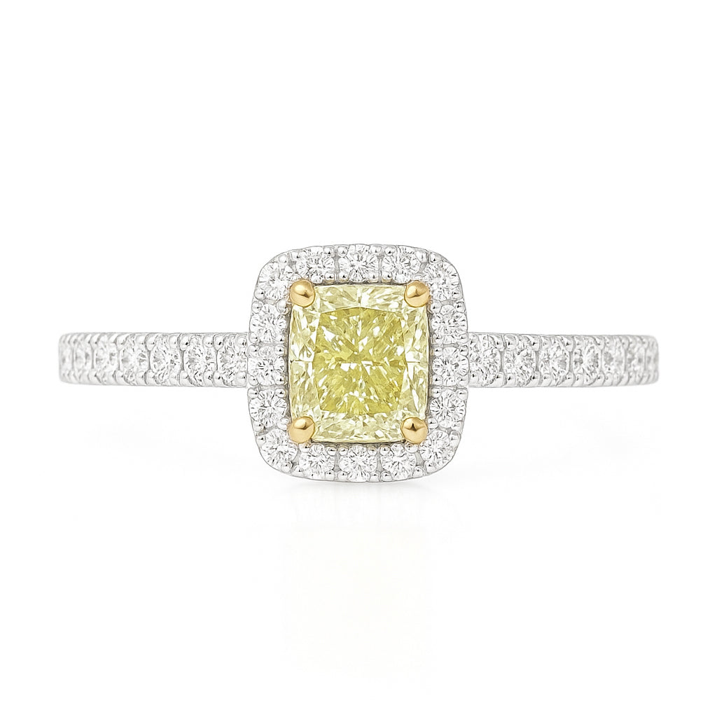 PT900 イエローダイヤモンドリング 0.703ct Light Greenish Yellow SI2 クッション