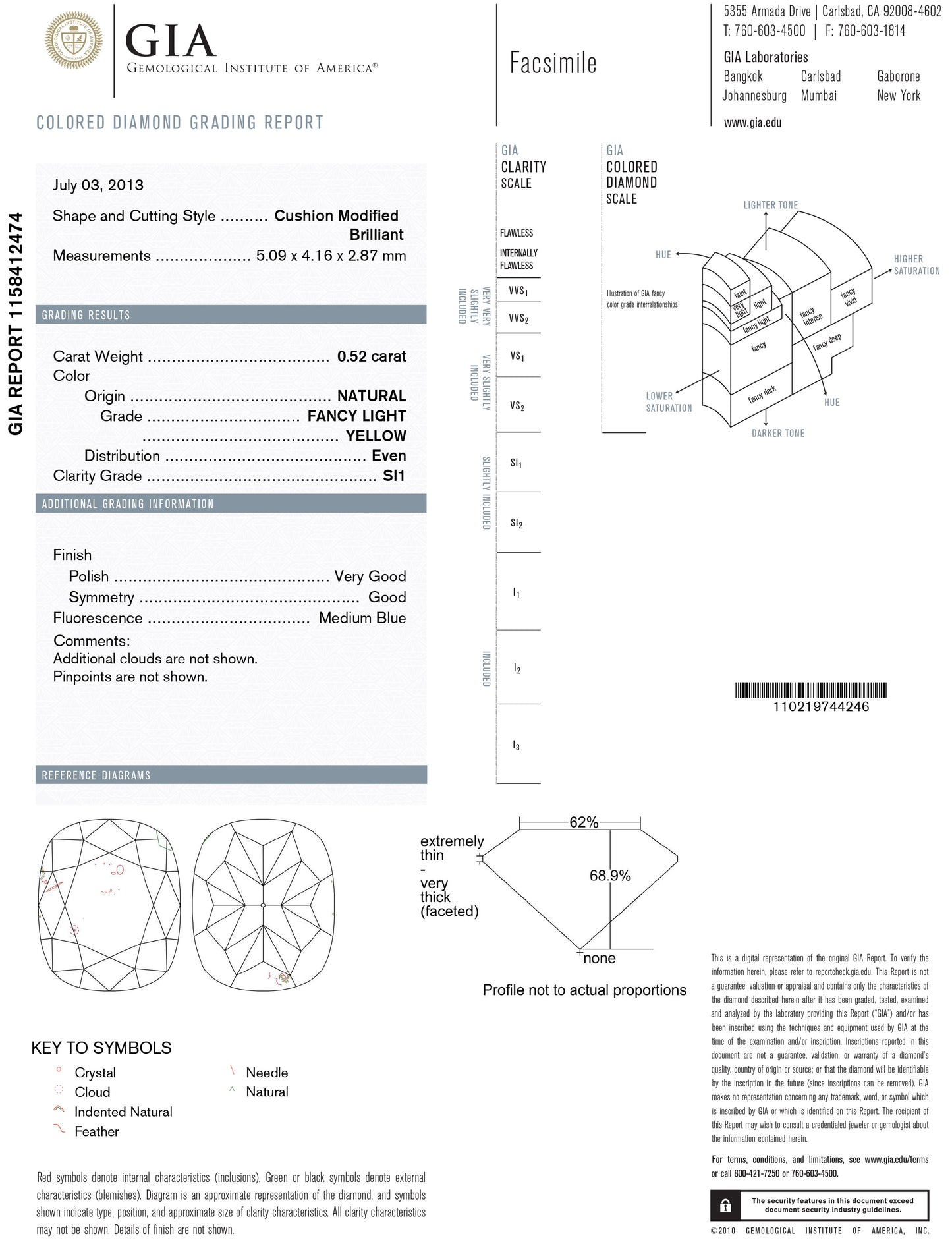 イエローダイヤモンドリング鑑定書画像 クッション GIA 0.77ct SI1 詳細