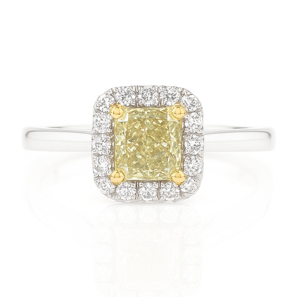 PT900 イエローダイヤモンドリング 0.91ct Fancy Light Greenish Yellow SI1 クッション