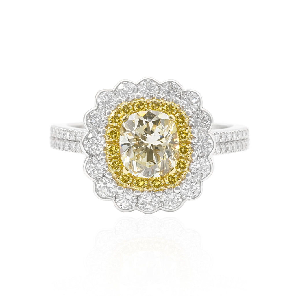 PT900/K18 イエローダイヤモンドリング 2.109ct Faint Yellow VS1 クッション