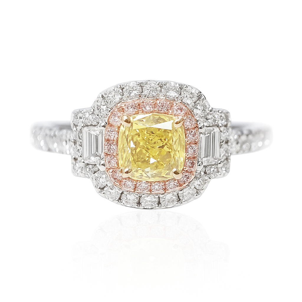 18K イエローダイヤモンドリング 1.097ct Intense Yellow I1 クッション