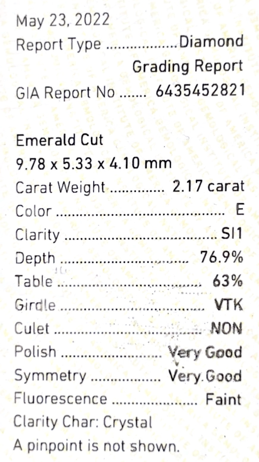 ダイヤモンド鑑定書画像 天然ダイヤモンドルース 2.17ct 無色E エメラルドカット 詳細