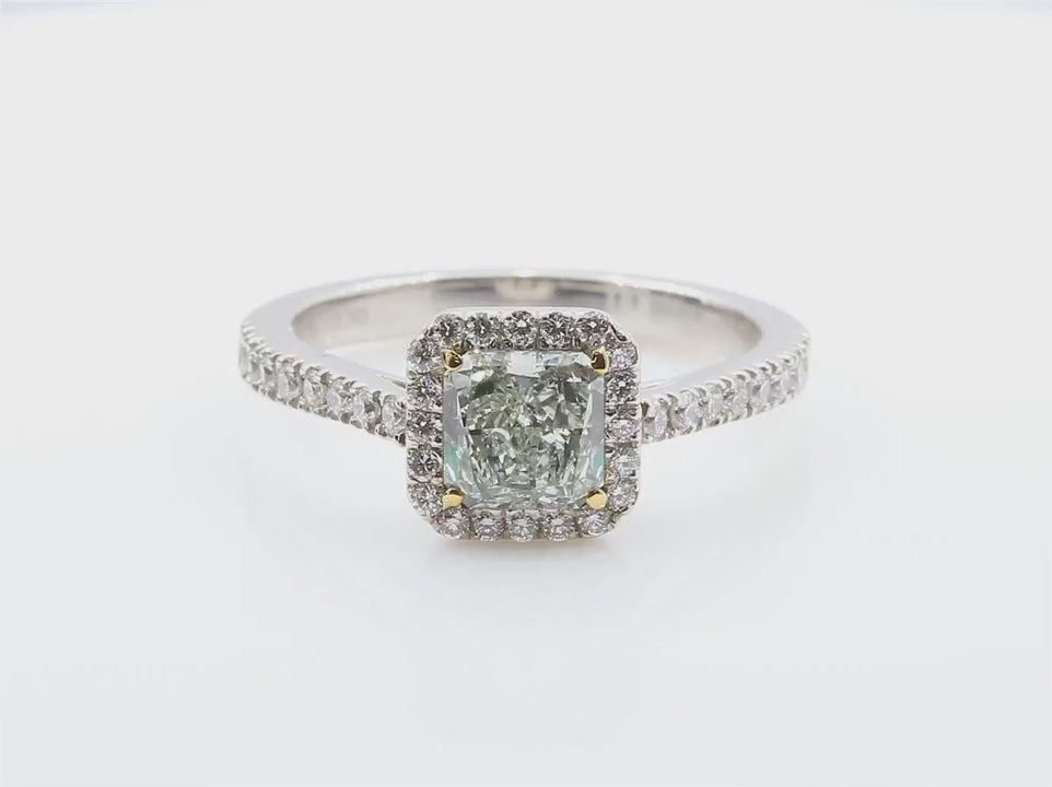 PT900 グリーンダイヤモンドリング 1.09ct SI1 Light Green ラディアント 映像
