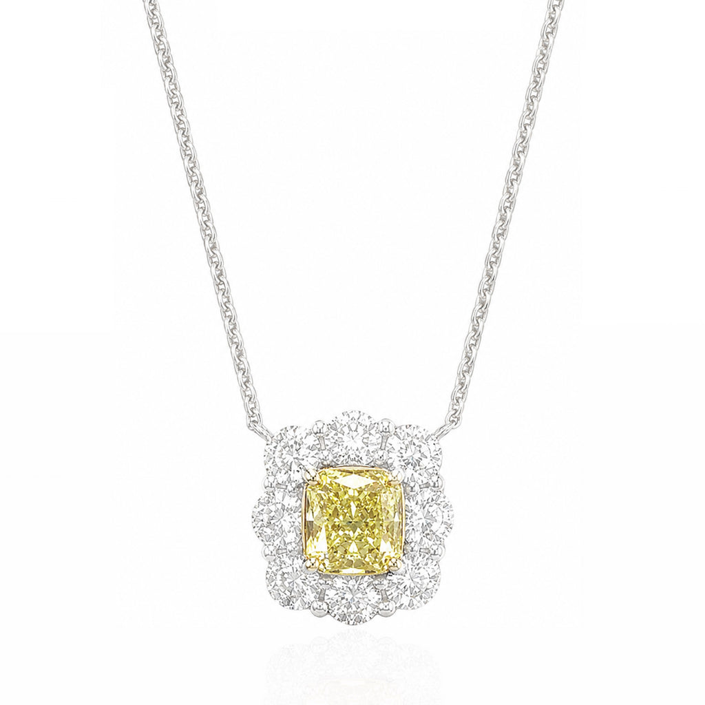 18K Cushion Fancy Intense Yellow Diamond Pendant Necklace - 1.25ct
