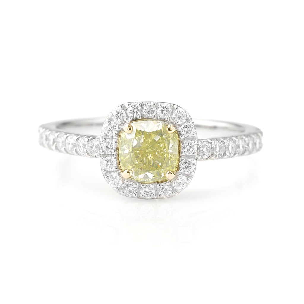 18KWG Cushion Fancy Green Yellow Diamond Ring - 0.97ct