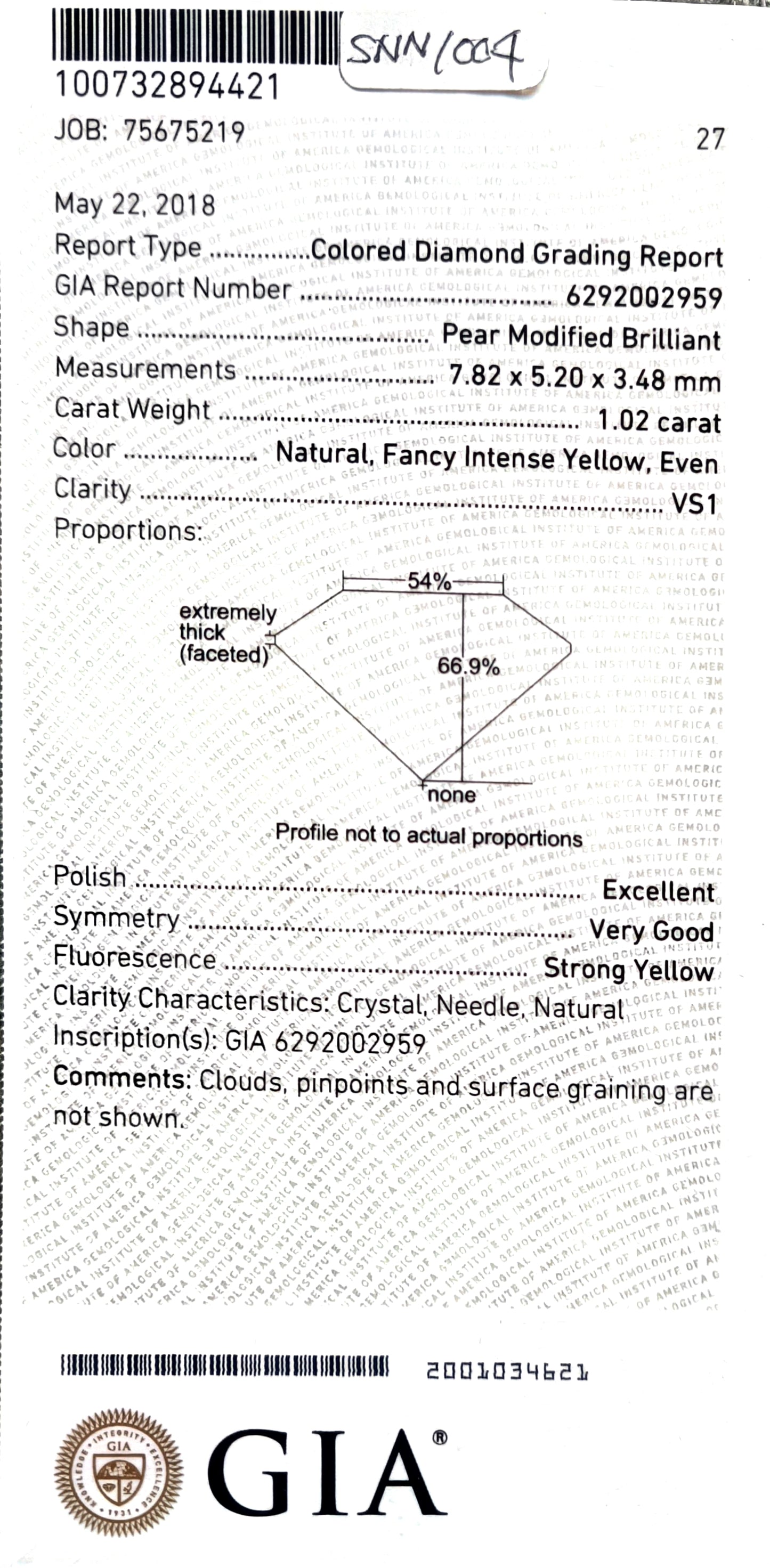 ダイヤモンド鑑定書画像 - GIA証明書 1.349ct インテンスイエロー ペアダイヤモンド詳細