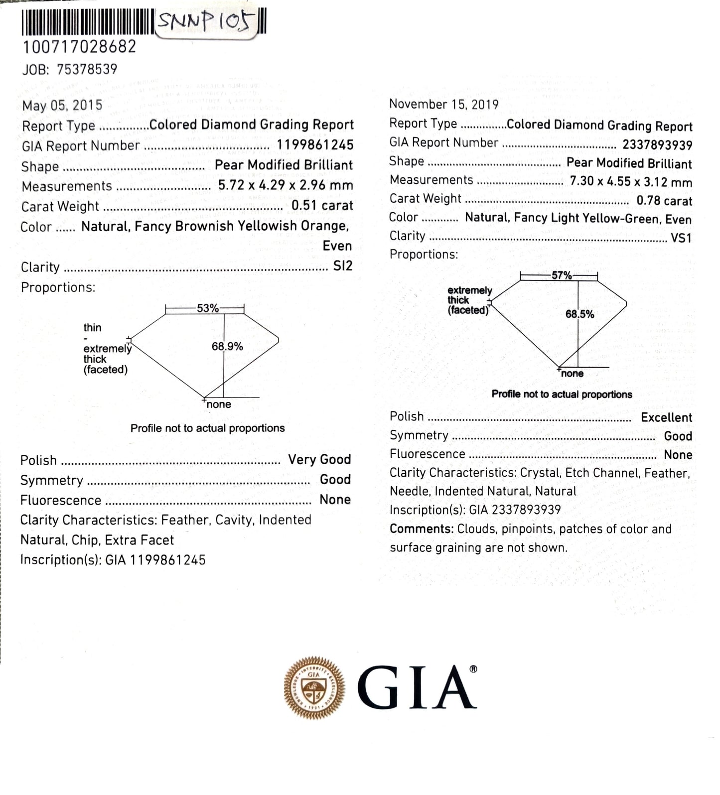 ダイアモンド鑑定書画像 Mael ダブルペアシェイプ ファンシーダイヤモンドペアネックレス 1.6ct 天然 SI-2/VS-1 GIA ダイヤモンド詳細