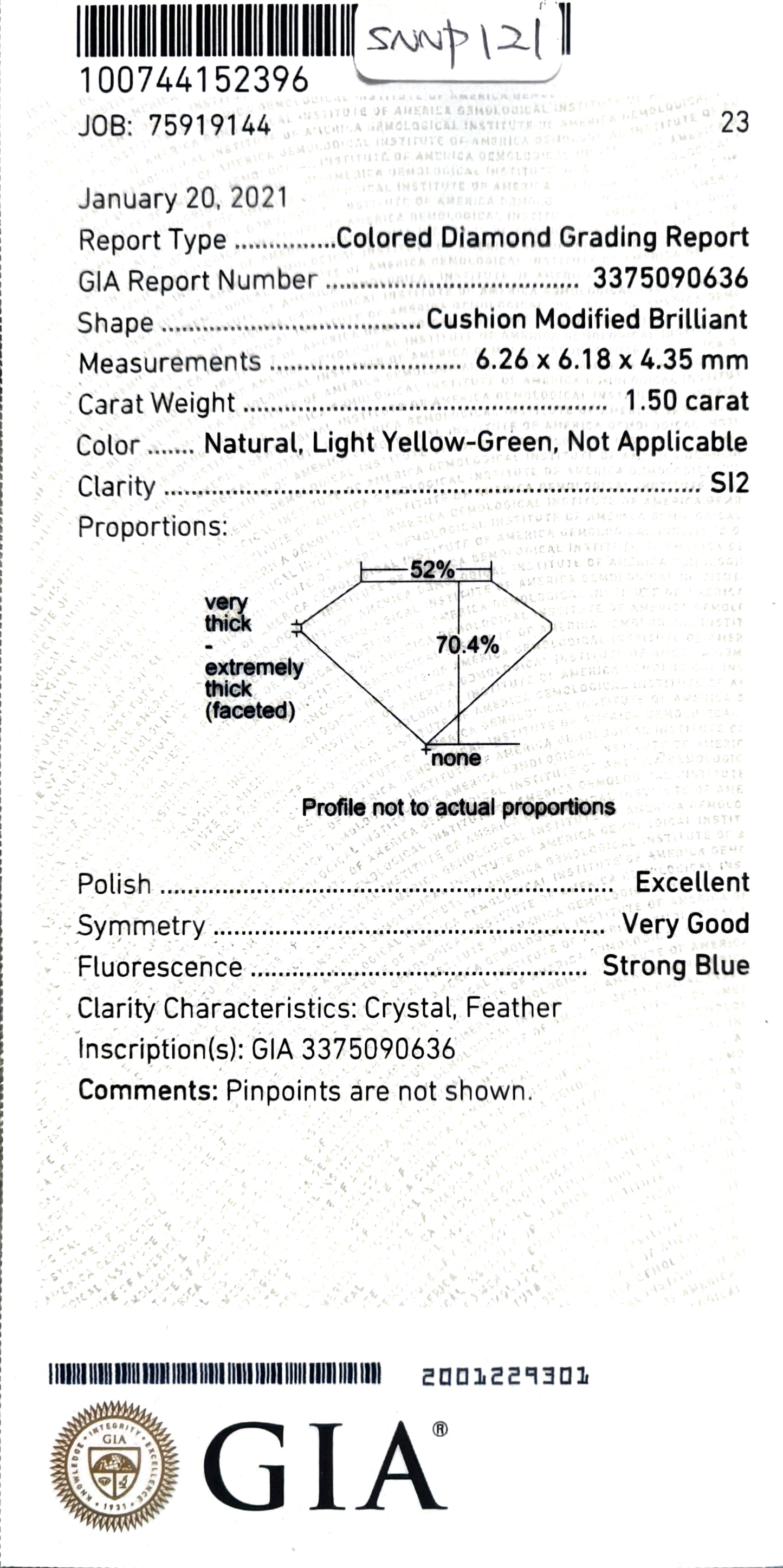 ダイヤモンド鑑定書画像 Mael ライト・イエローグリーンクッションダイヤモンドネックレス 1.63ct 天然 SI-2 GIA ダイヤモンド詳細