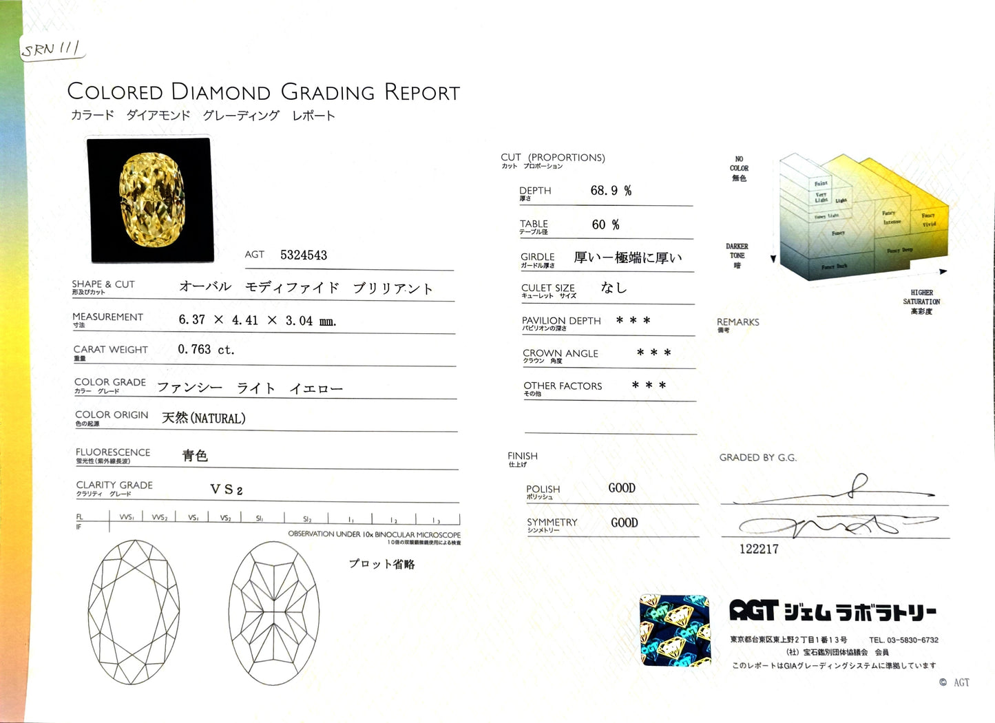 イエローダイヤモンドリング鑑定書画像 オーバル 1.105ct VS2 詳細