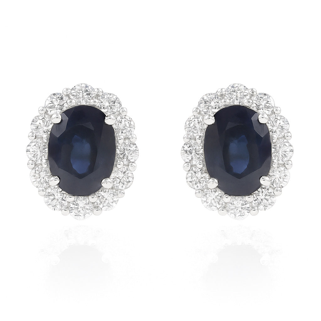 18K Oval Blue Sapphire Diamond Earrings - 3.119ct