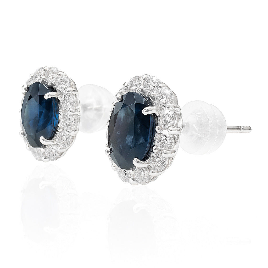 18K Oval Blue Sapphire Diamond Earrings - 3.119ct